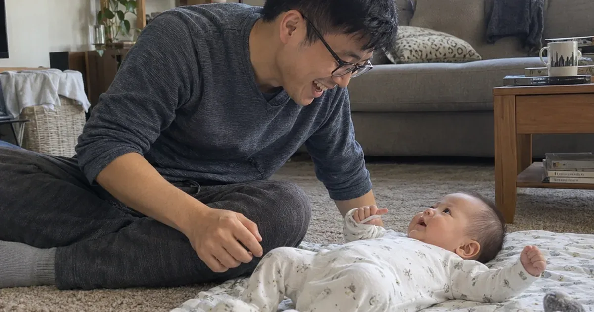 Parent lying on the floor beside a 1 month old on a play mat, the baby looking at a black and white card