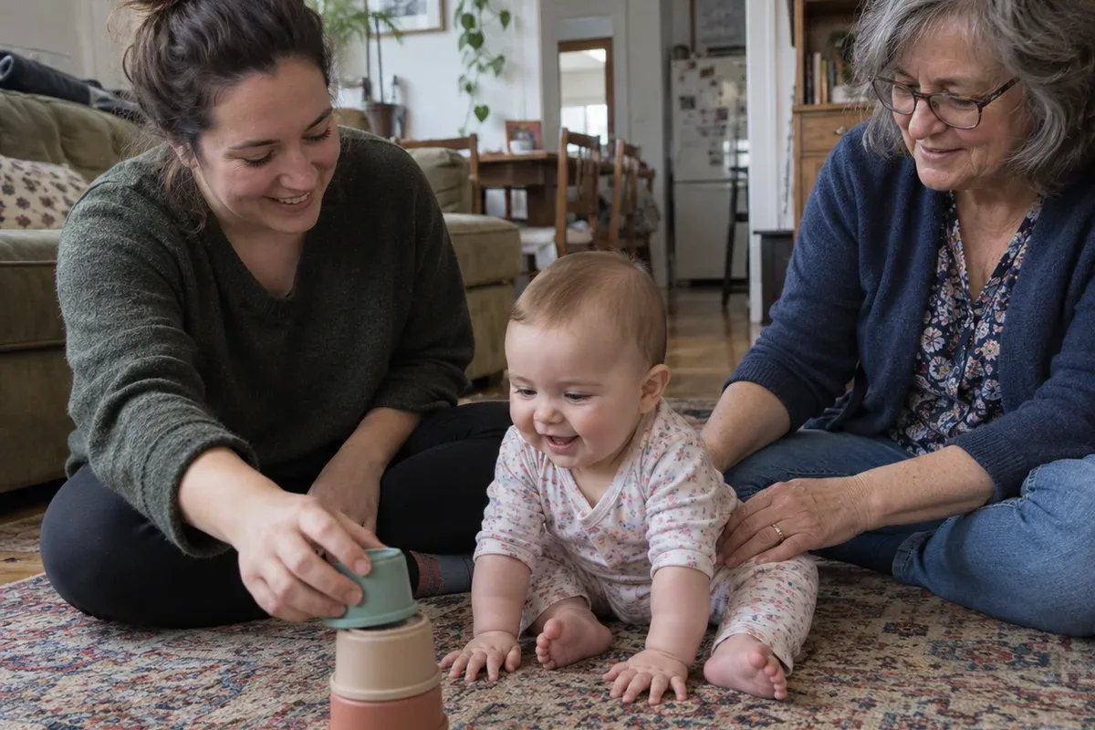 Parent on the floor with a 6 month old sitting with support between their legs, holding a soft block