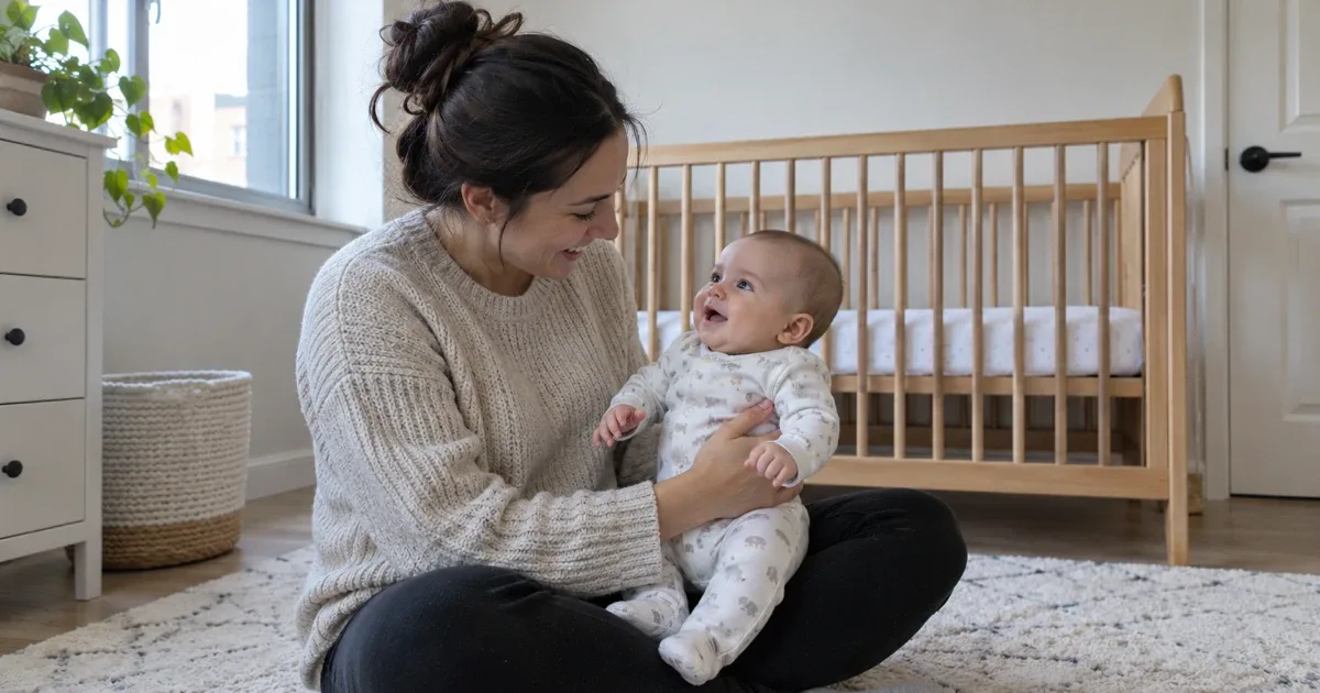 Parent sitting on a nursery rug with an awake baby in pajamas, with an empty crib behind them