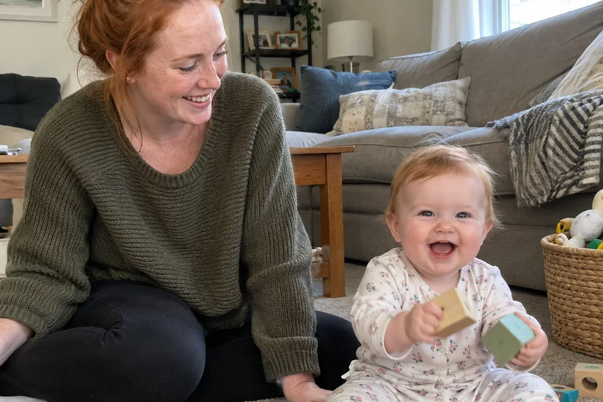 Parent sitting on a rug while a 7 month old sits up, then leans forward onto hands and knees toward a ball