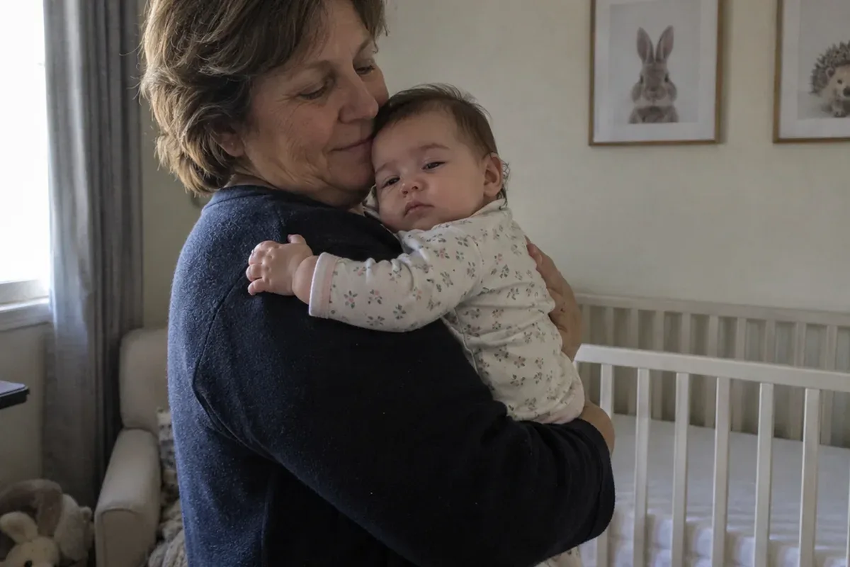 Parent swaying in a dim nursery with a drowsy, still awake 6 month old on their shoulder, an empty crib behind