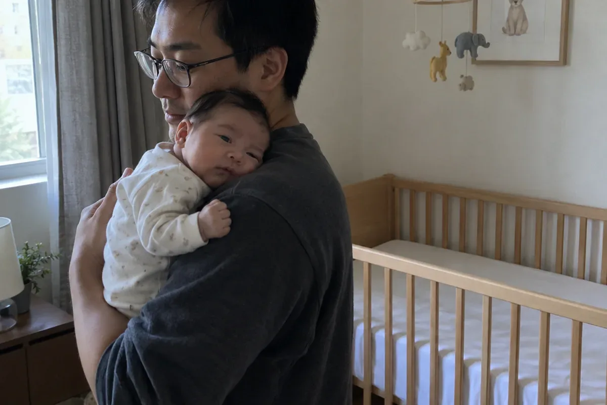 Parent swaying with a drowsy 1 month old on their shoulder in a dim nursery with the empty crib behind