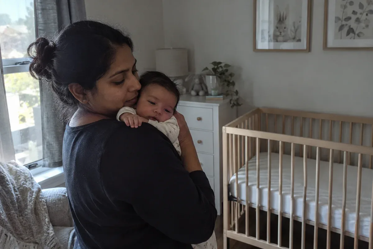 Parent swaying with a drowsy 2 month old on their shoulder in a dim nursery, the empty crib behind