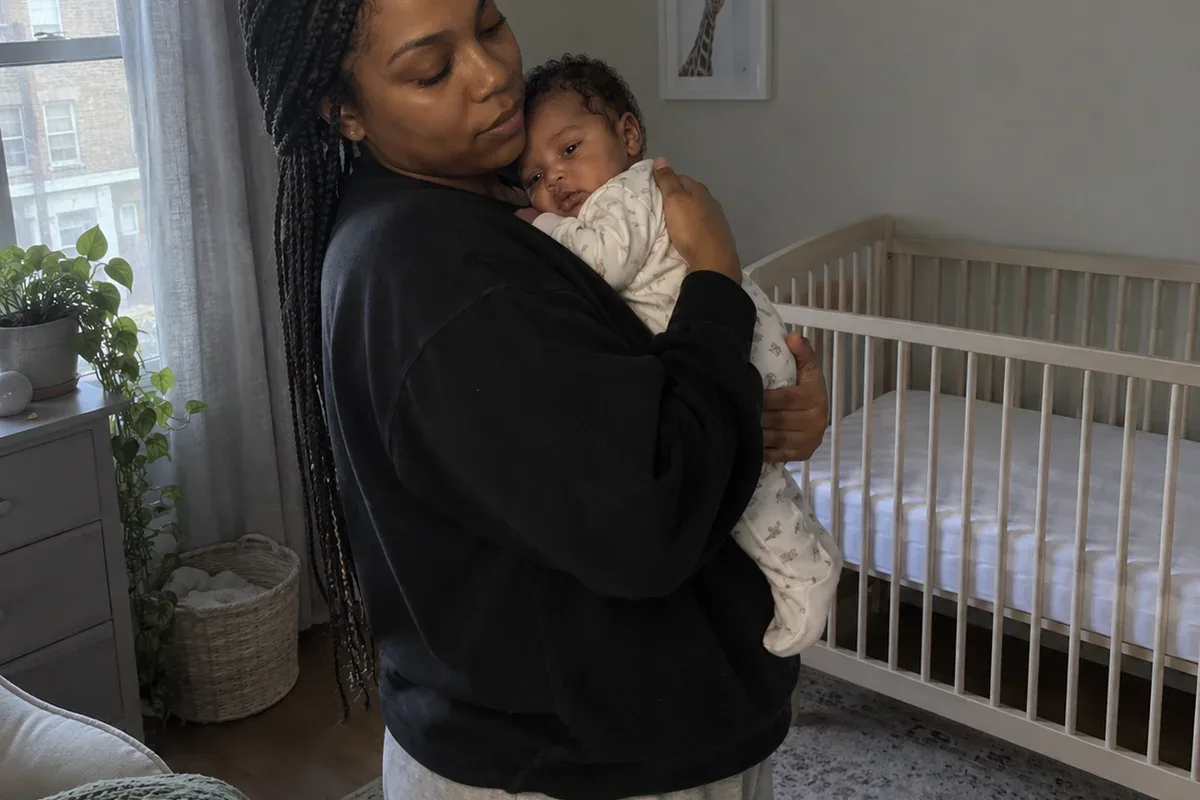 Parent swaying with a drowsy 6 week old on their shoulder in a dim nursery, empty crib behind them