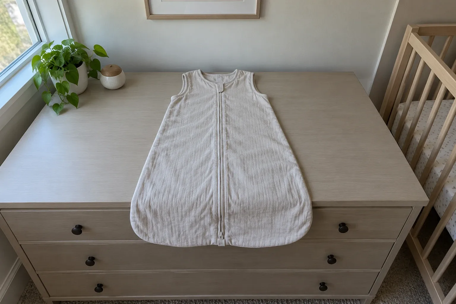 Plain cream sleeveless sleep sack with a front zipper laid flat on a nursery dresser