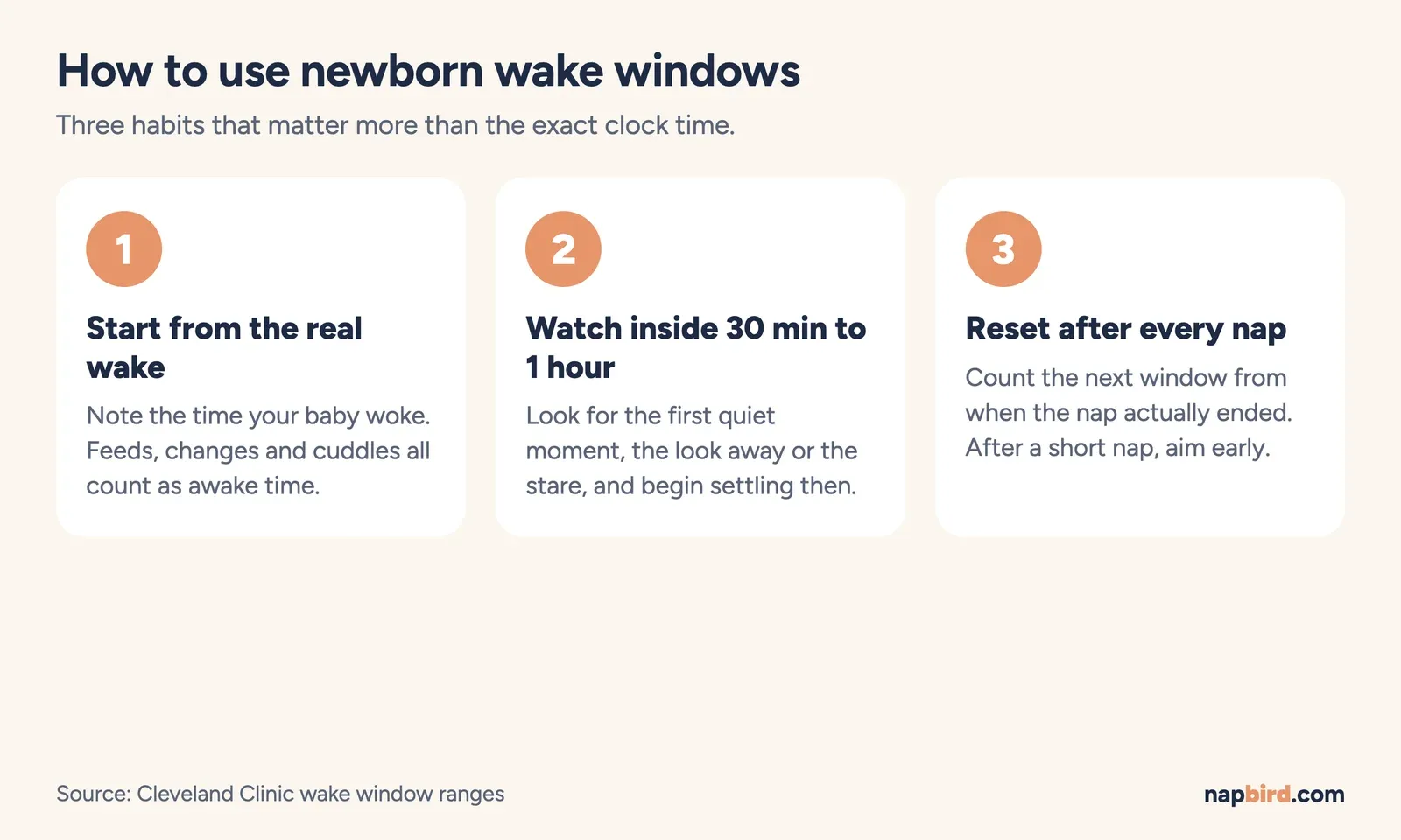 Three step diagram: start from the real wake, watch for the quiet moment within 30 min to 1 hour, adjust after each nap