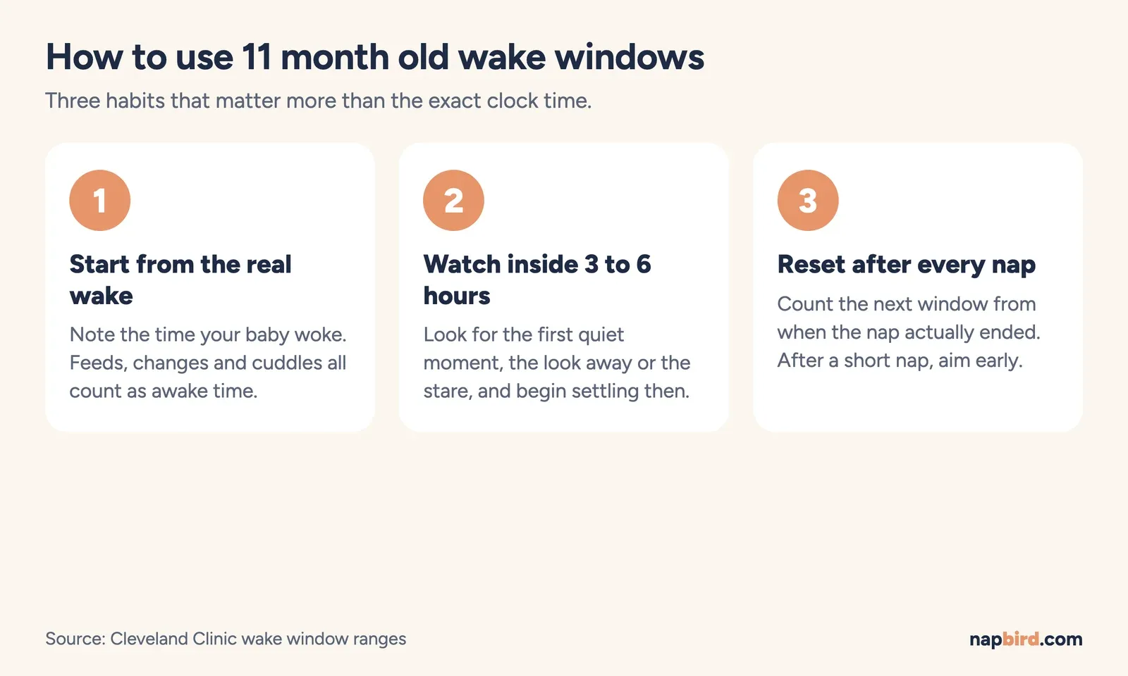 Three-step diagram: start from the real wake, watch for the quiet moment within 3 to 6 hours, adjust after each nap