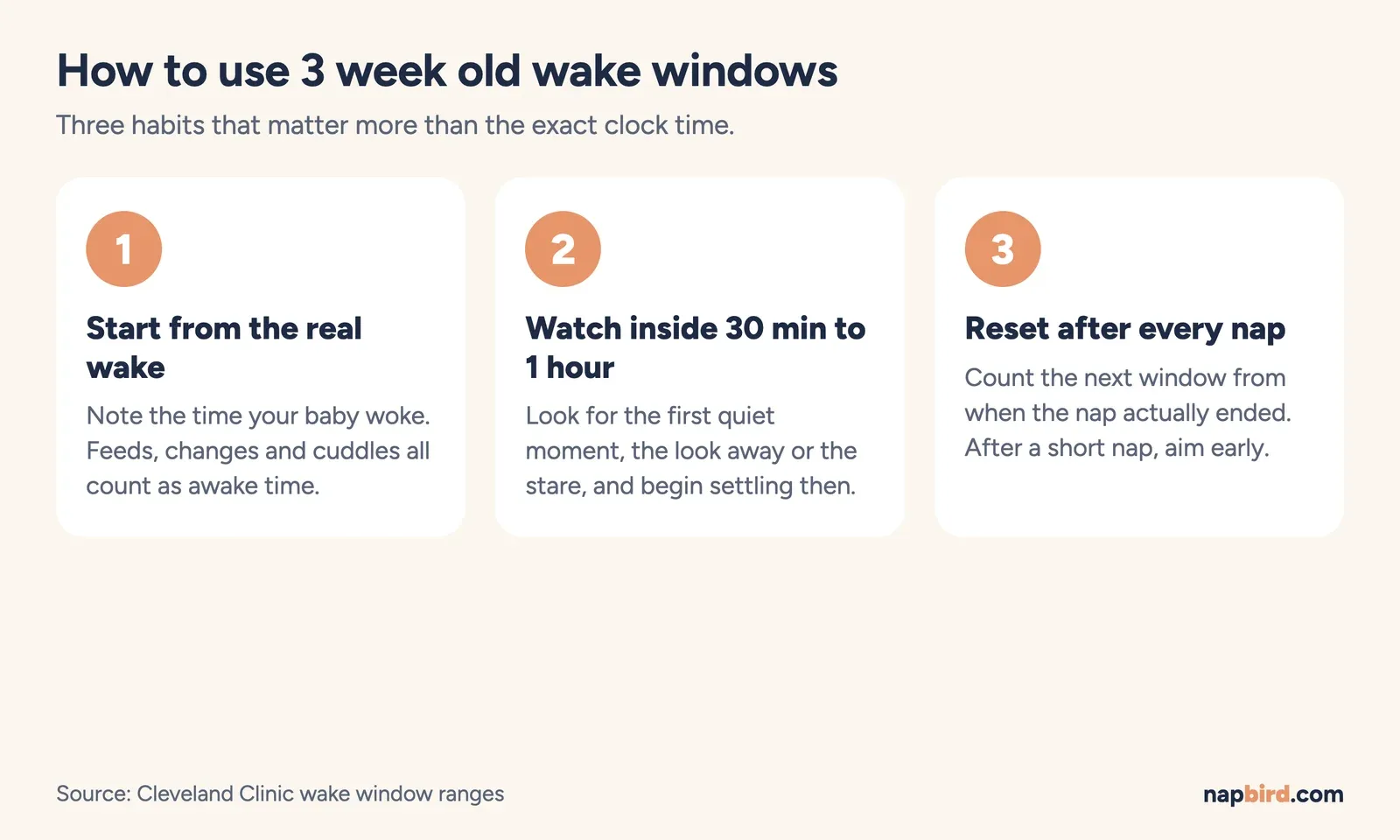Three step diagram: start from the real wake, watch for the quiet moment within 30 min to 1 hour, adjust after each nap