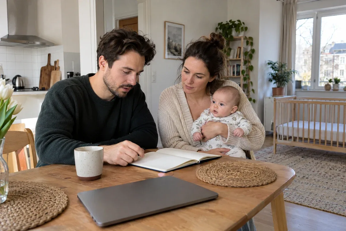 Two parents look at an open notebook at a kitchen table while holding an awake baby