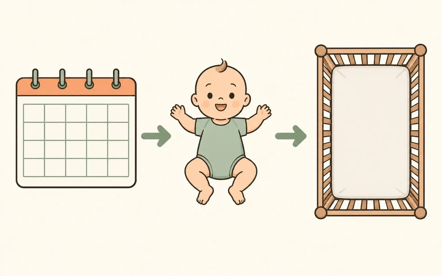 Wordless diagram with a calendar, an awake baby with free arms and an empty crib connected by arrows