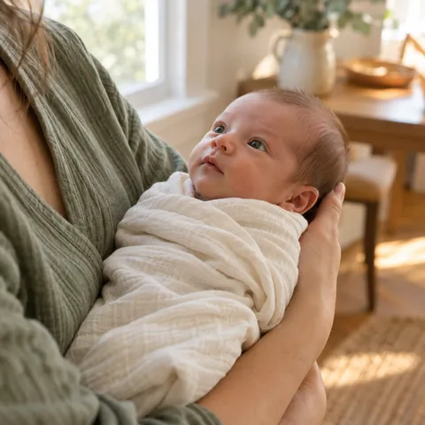 An awake newborn resting in a caregiver's arms