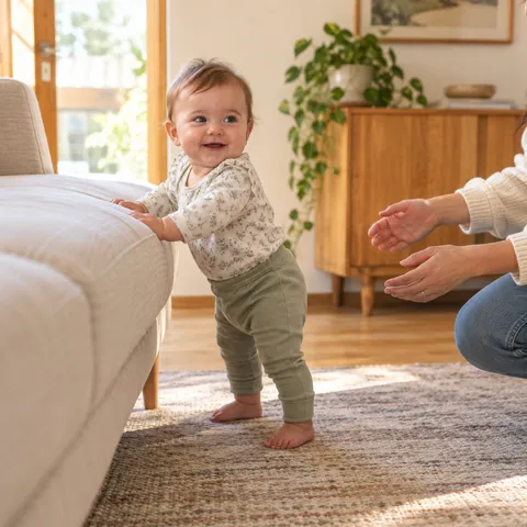 A baby standing at a sofa with a caregiver within reach