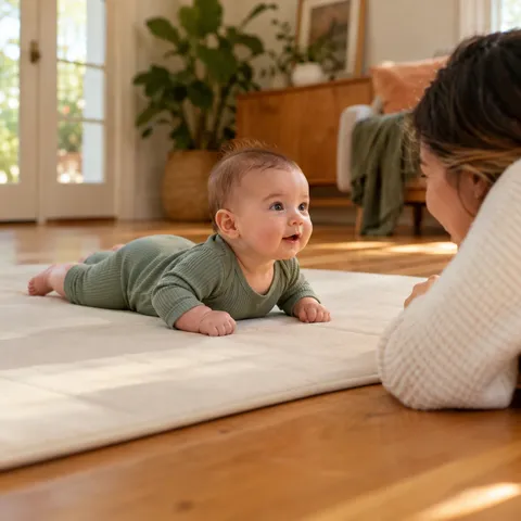 An awake baby lifting their head during supervised tummy time