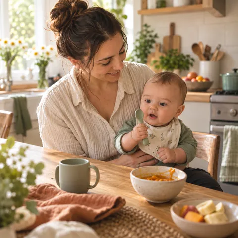 A baby sitting supported on a parent's lap at the kitchen table