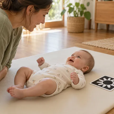 A young baby looking up at a caregiver during awake floor time