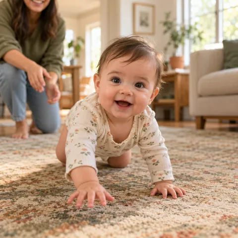 A crawling baby exploring the living room with a parent nearby
